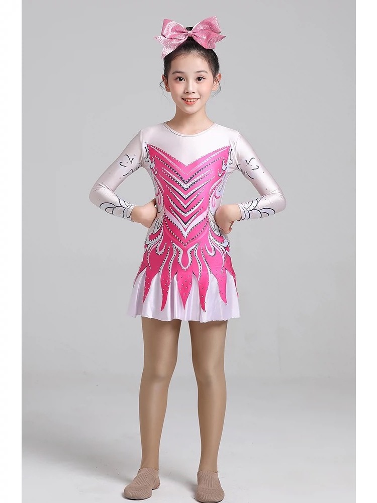 YUQ Cheerleader girls cheerleading uniforms pink rhinestones gymnastics dance wear women kids dance suits