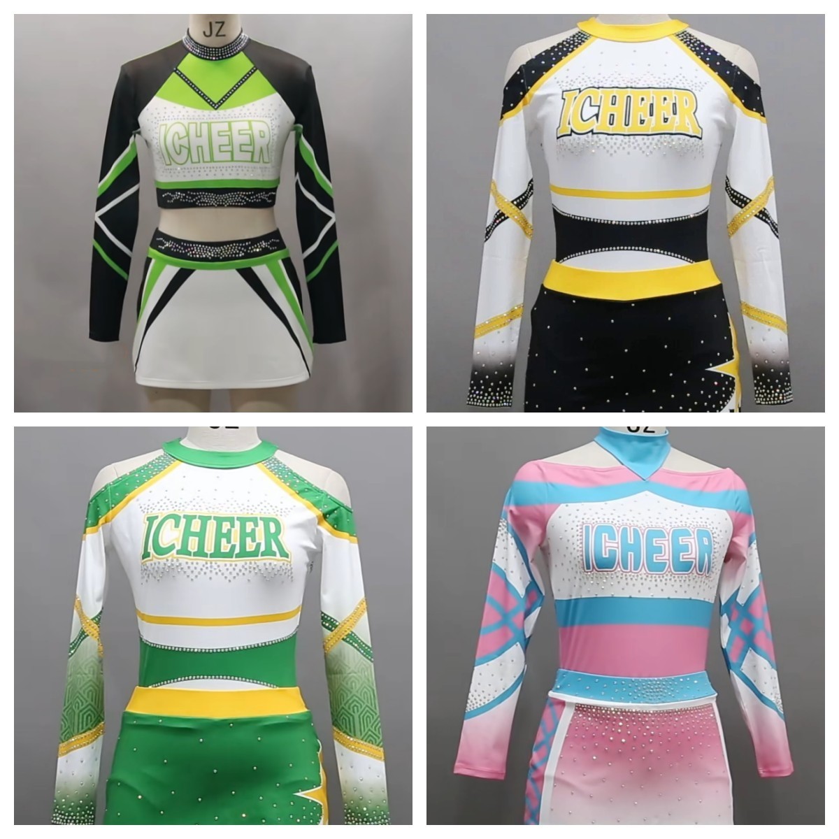 YUQ Cheerleader girls cheerleading uniforms pink rhinestones gymnastics dance wear women kids dance suits