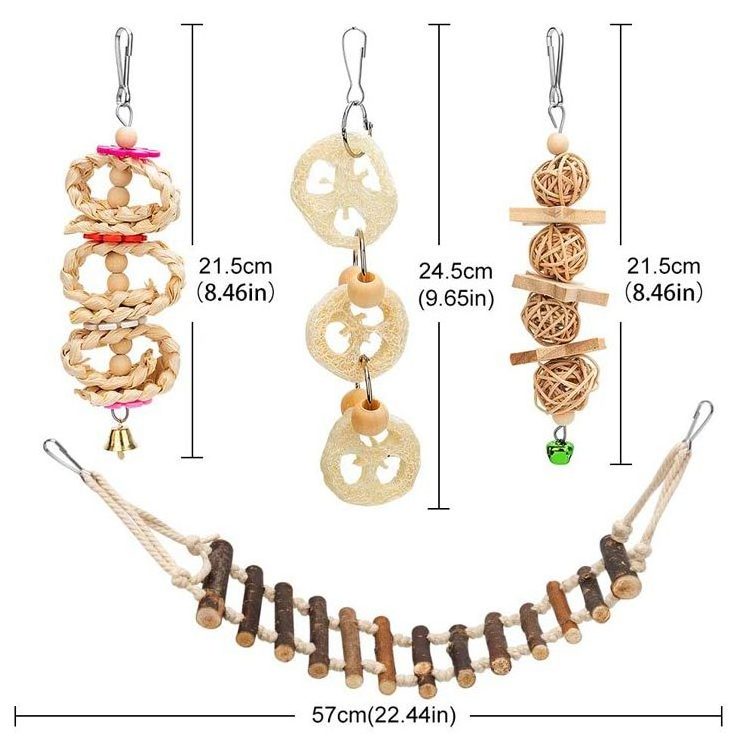 Bird Cage Accessories Wholesale 8 Packs Parakeet Wood Swing Climbing Ladder Hanging Bell Chewing Bird Toys Set For Parrots