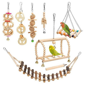 Bird Cage Accessories Wholesale 8 Packs Parakeet Wood Swing Climbing Ladder Hanging Bell Chewing Bird Toys Set For Parrots