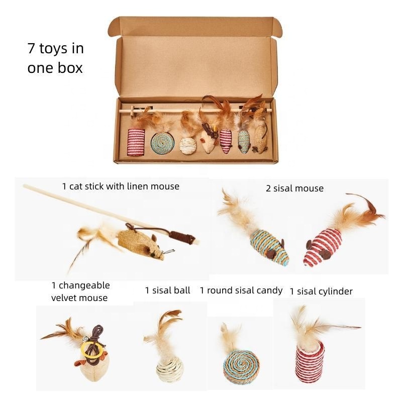 2023 A Mazon Hot Selling 7 pcs Interactive Cat Toys Set Wooden Cat Teaser Wand Sisal Mouse Toy Cat Teaser Stick