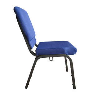 Modern Used Navy Blue Metal Interlocking Stackable Padded Church Chair With Pouch On Back For Sale