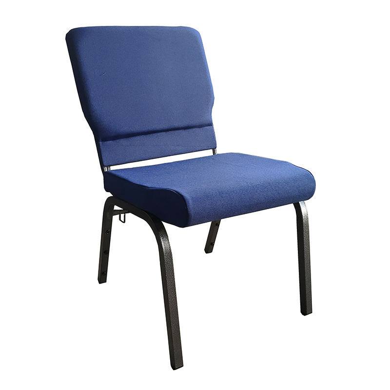 Modern Used Navy Blue Metal Interlocking Stackable Padded Church Chair With Pouch On Back For Sale