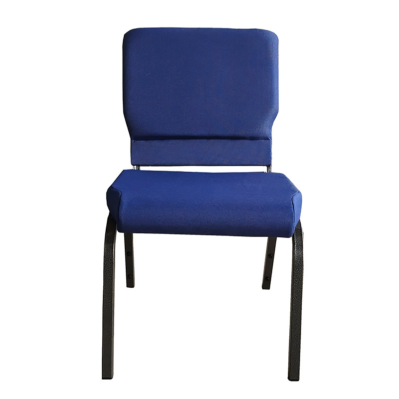 Modern Used Navy Blue Metal Interlocking Stackable Padded Church Chair With Pouch On Back For Sale