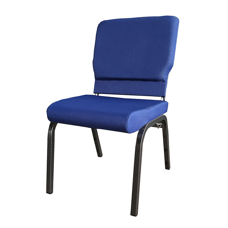 Modern Used Navy Blue Metal Interlocking Stackable Padded Church Chair With Pouch On Back For Sale