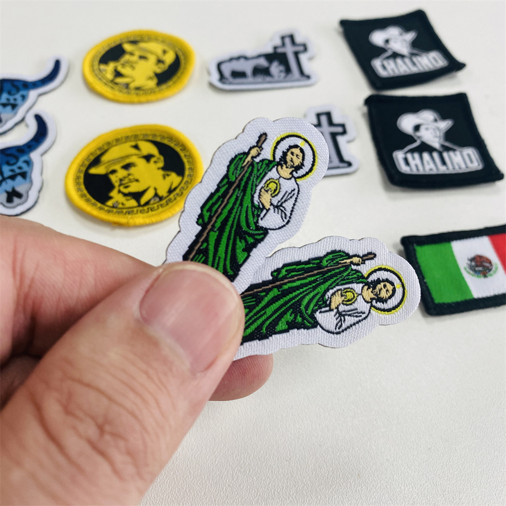 Weaving Badges Custom Mexican Patches Made Name Logo Merrow Border Green Jesus Woven Patch Labels For Clothing Hat