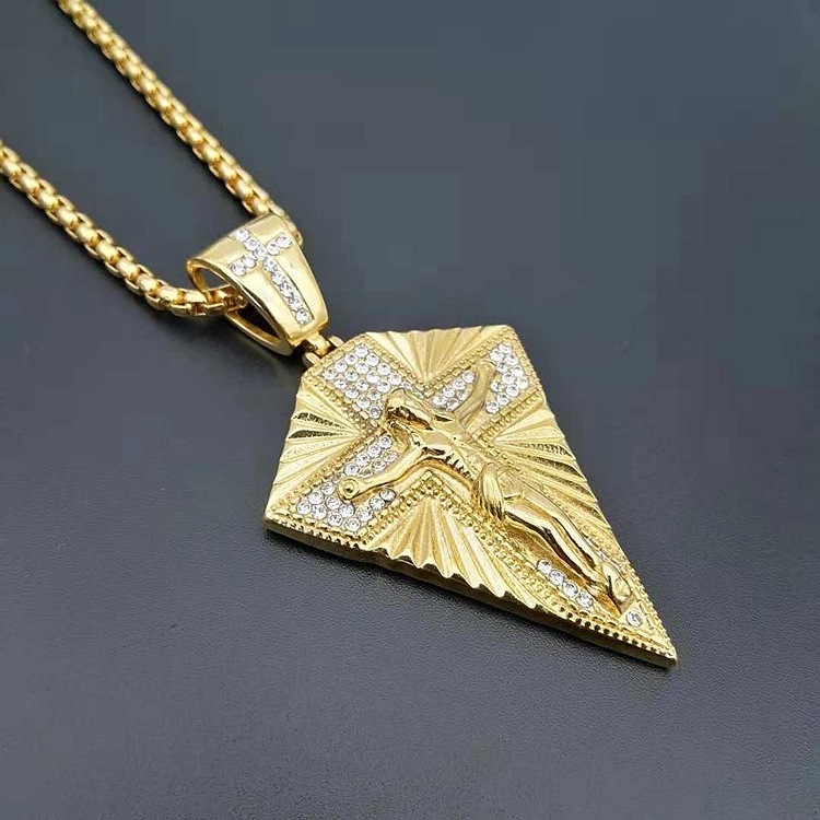 Men black micro gold plated jesus cross necklace piece chain pendant