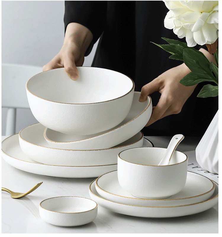 wholesale antique crockery rustic dinner set Matte White Reactive Glazed Ceramic Stoneware Dinnerware Sets