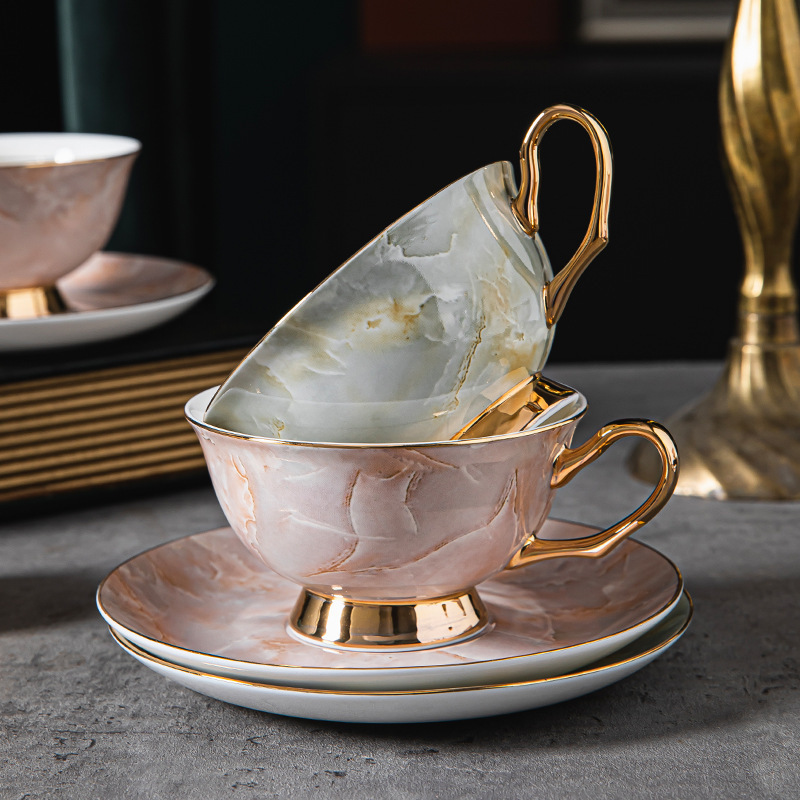 Factory wholesale price ceramic marbling exquisite coffee and tea sets afternoon tea bone china tea cup set