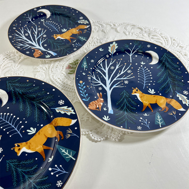 Customized cheap Forest Animal Christmas creative theme Dessert salad cake snack dinner ceramic plate