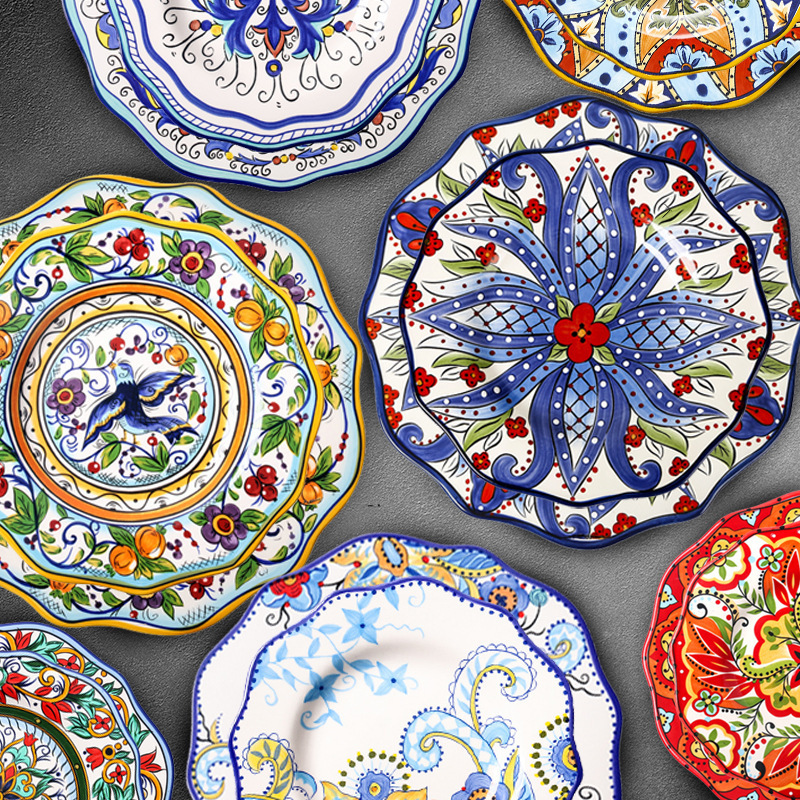 Cheap Bohemian Unique Style Rice Salad Floral China Round Dinner Ceramic Nordic Porcelain Dessert Floral Dinner Plates Flower