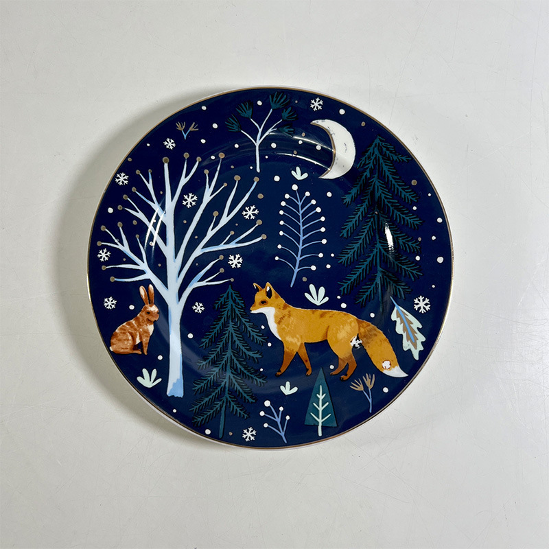 Customized cheap Forest Animal Christmas creative theme Dessert salad cake snack dinner ceramic plate