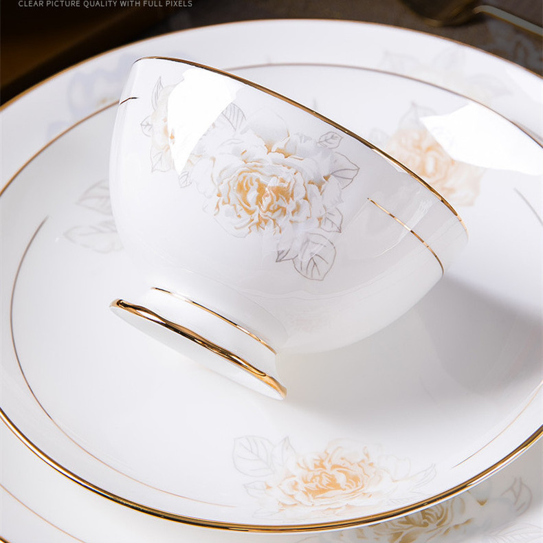 High Quality Bone China Gold Dinner Set Flower Pattern Nordic Dinnerware Bowl Dishes and Plates Ceramic Tableware Sets