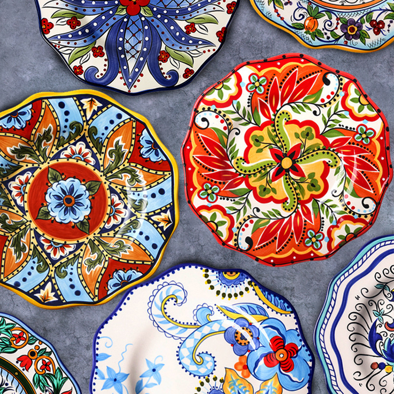 Cheap Bohemian Unique Style Rice Salad Floral China Round Dinner Ceramic Nordic Porcelain Dessert Floral Dinner Plates Flower