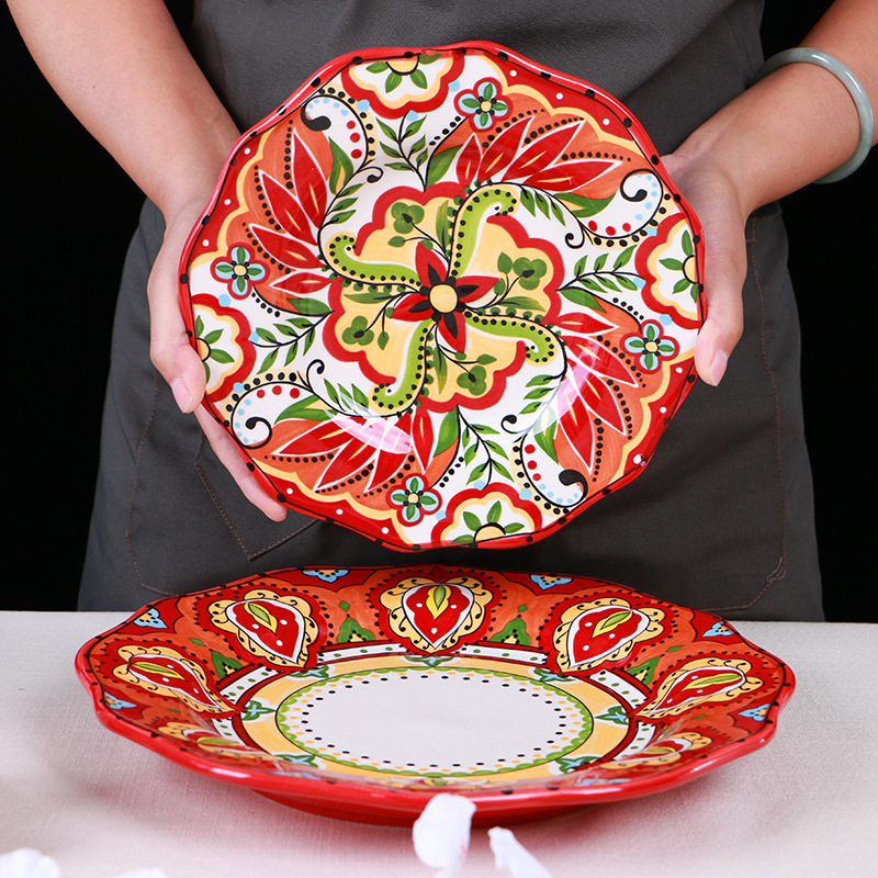 Cheap Bohemian Unique Style Rice Salad Floral China Round Dinner Ceramic Nordic Porcelain Dessert Floral Dinner Plates Flower