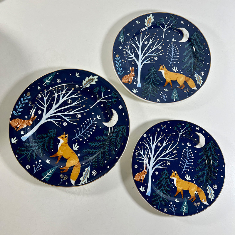 Customized cheap Forest Animal Christmas creative theme Dessert salad cake snack dinner ceramic plate