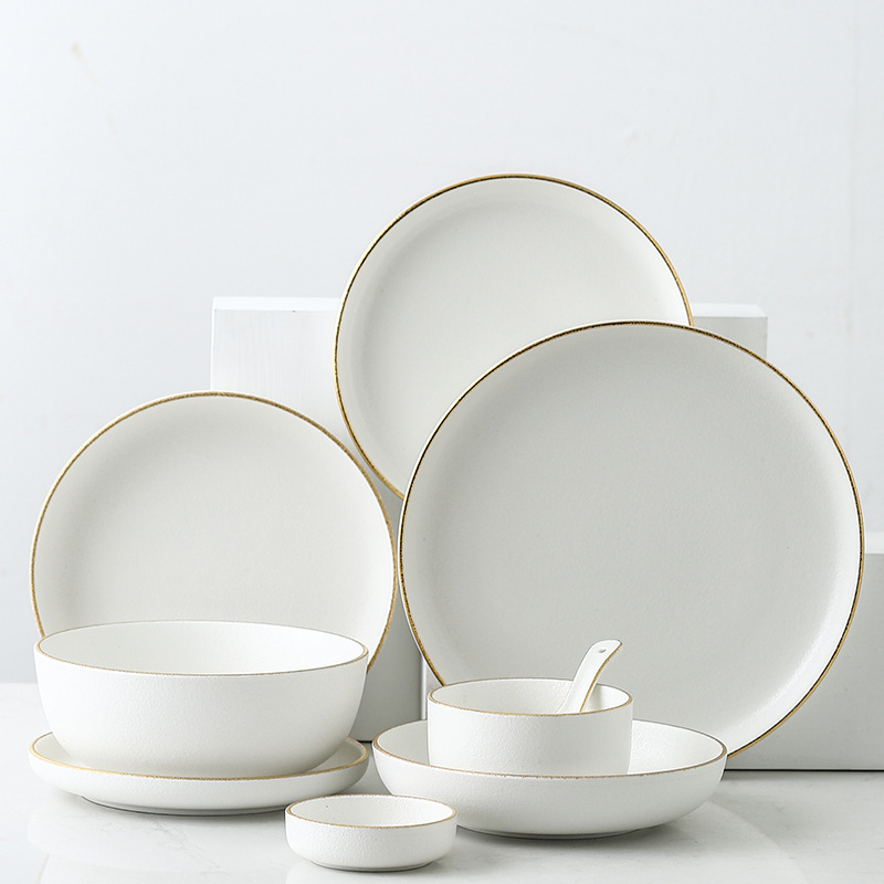 wholesale antique crockery rustic dinner set Matte White Reactive Glazed Ceramic Stoneware Dinnerware Sets