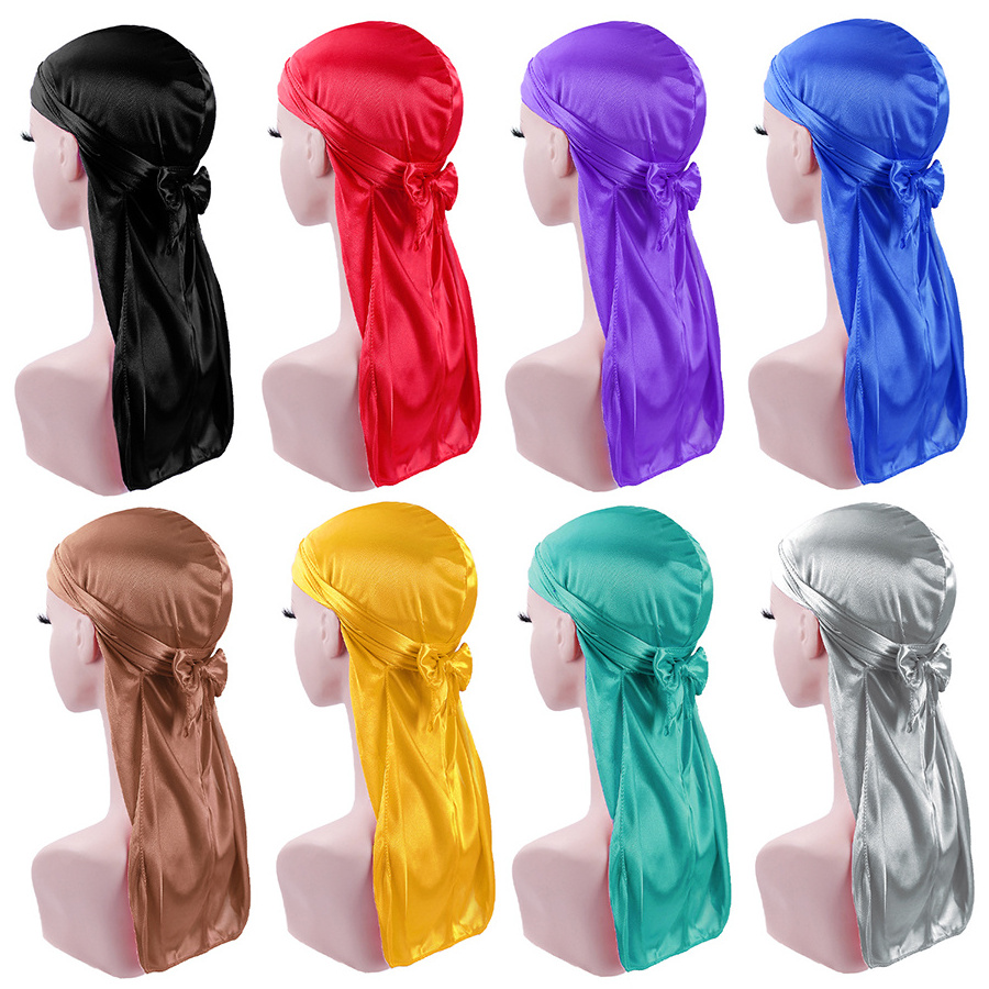 Wholesale Luxury Unisex Custom Logo Printed Extra Long Tie Headband Doo Rags And Bonnets Silky Satin Du Rags Designer Durags