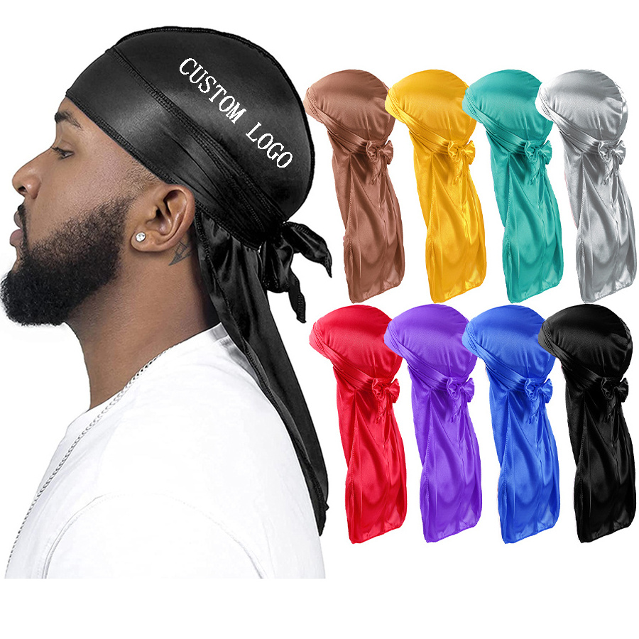 Wholesale Luxury Unisex Custom Logo Printed Extra Long Tie Headband Doo Rags And Bonnets Silky Satin Du Rags Designer Durags