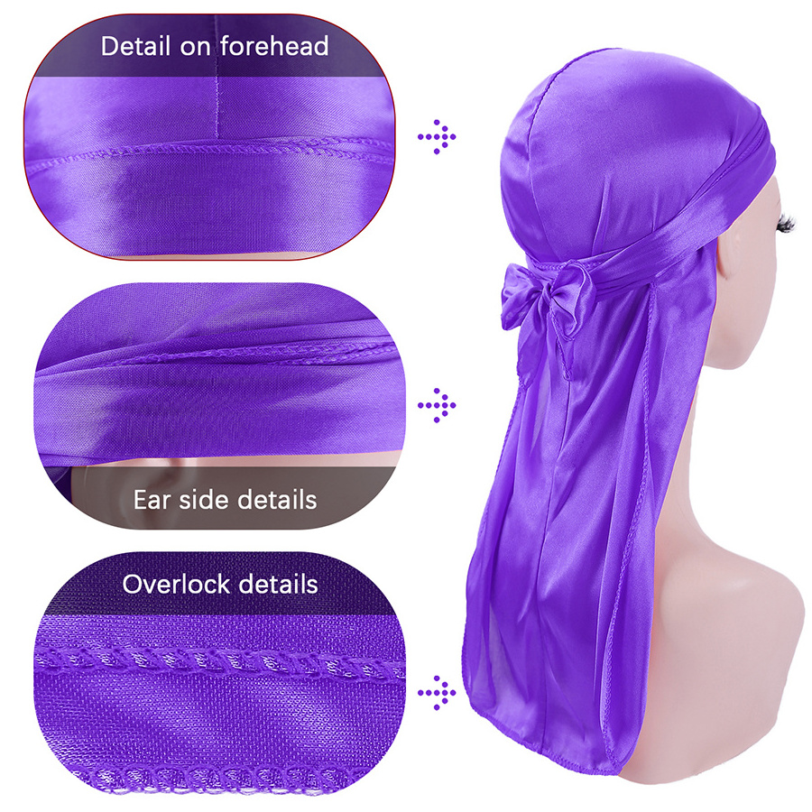 Wholesale Luxury Unisex Custom Logo Printed Extra Long Tie Headband Doo Rags And Bonnets Silky Satin Du Rags Designer Durags