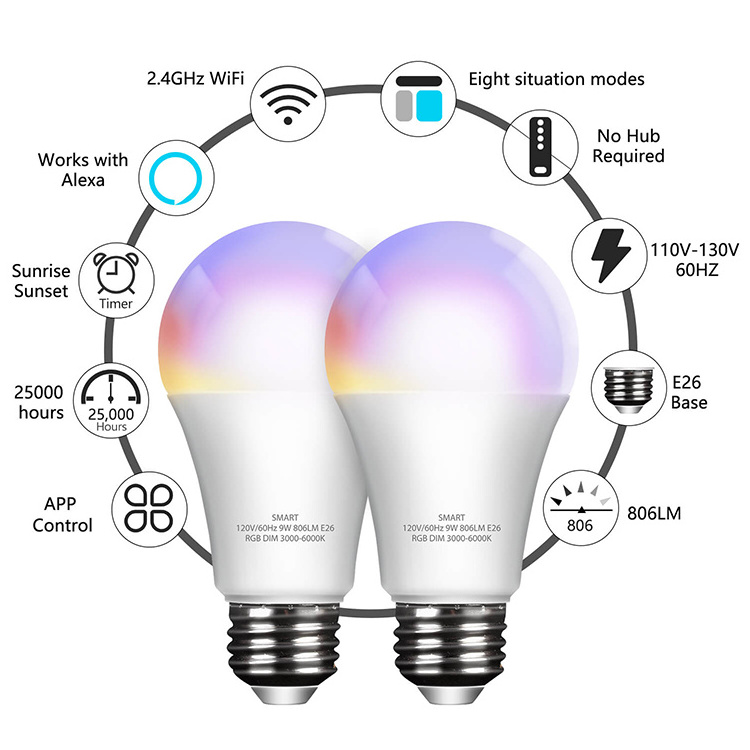 Alexa Google Home Voice Control 110-240V Smart Bulb RGB Wifi Smart Bulb Remote Control 9w A60 E27 E26 B22 Led Bulb