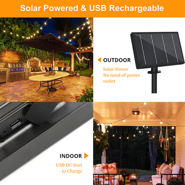 USB Charging Remote Control Flat Hanging E12\S14 Filament Bulb Solar Powered LED Outdoor String Lights