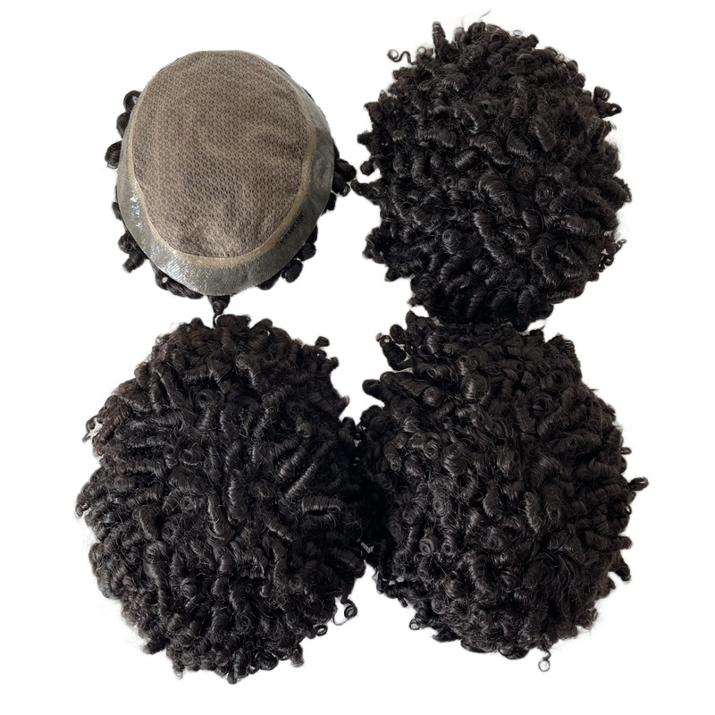 Mongolian Virgin Human Hair Hairpiece #1b Natural Black 15mm Curl Full Silk Around PU Toupee 8x10 Male Unit for Black Men