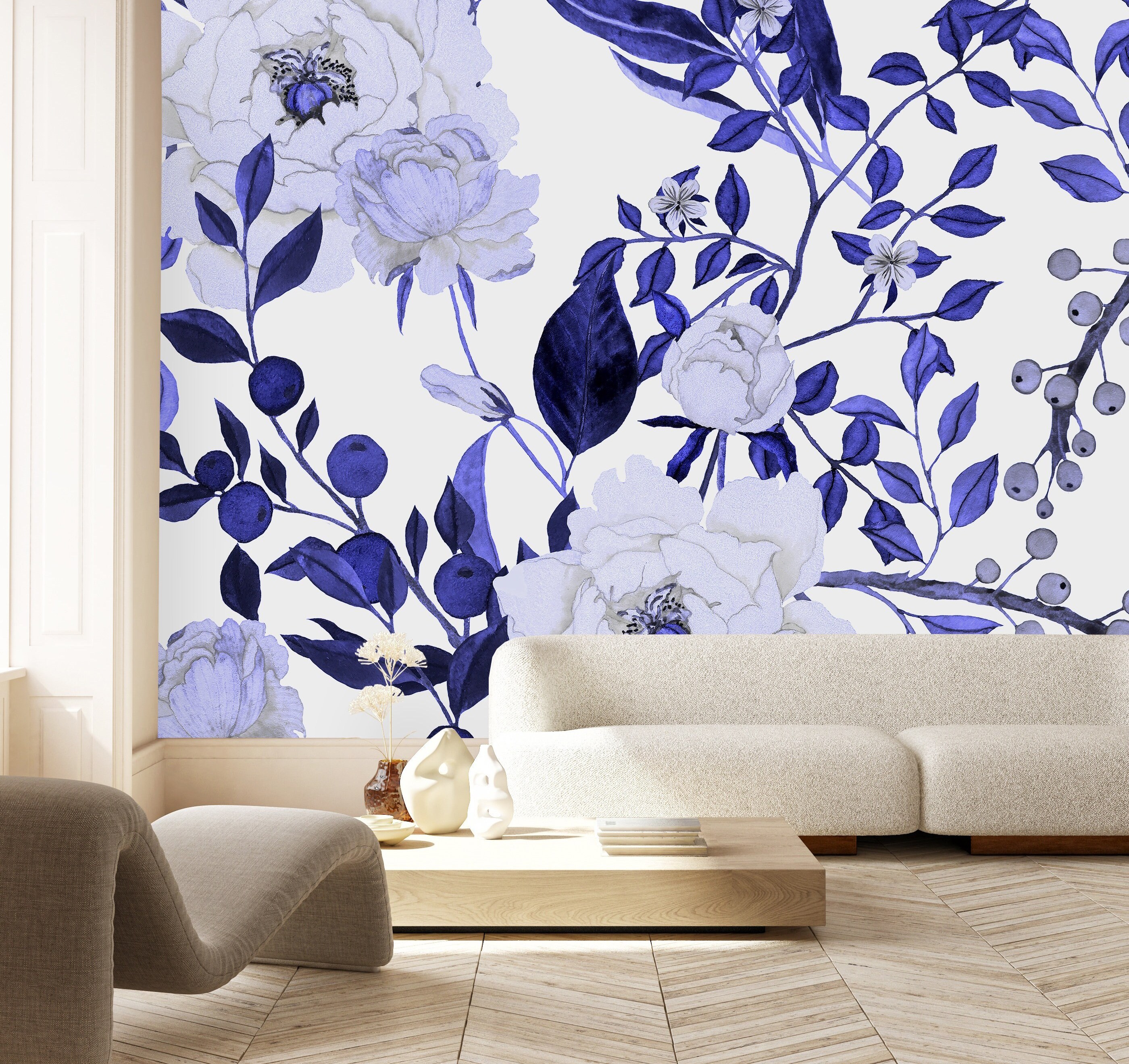 custom adhesive wallpaper murals blue floral design