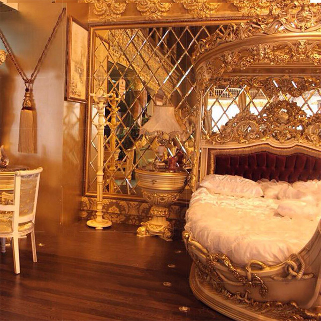 Castle Wooden Boat Round Bed Carved Wood Indian style Gold Antique Twin Bedroom furniture Luxury Baroque Super King Size Beds