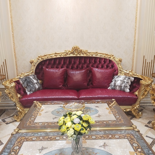 Luxurious Royal Baroque Carved Solid Wood 24K Gilded Natural Leather Sofa Villa Indian style Grand Hall Carved Sofas sets