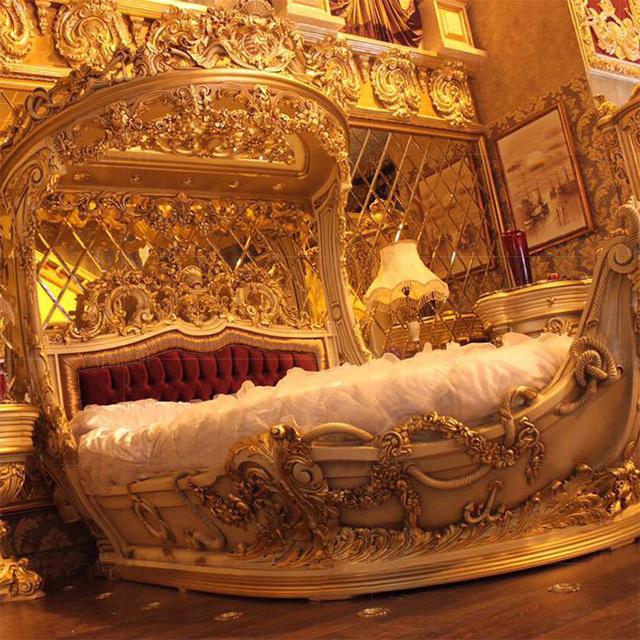 Castle Wooden Boat Round Bed Carved Wood Indian style Gold Antique Twin Bedroom furniture Luxury Baroque Super King Size Beds