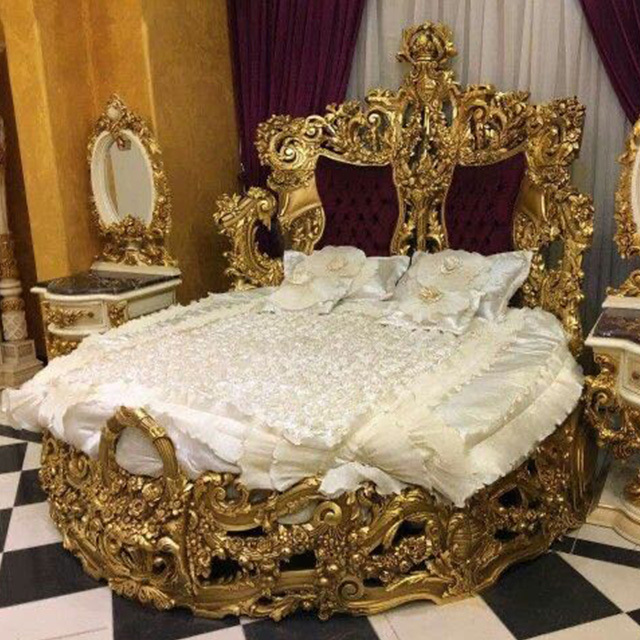 Arabia Style Carved Wood Bed Golden 24K Bed Luxury Master Bedroom furniture Round Bed in Antique Style