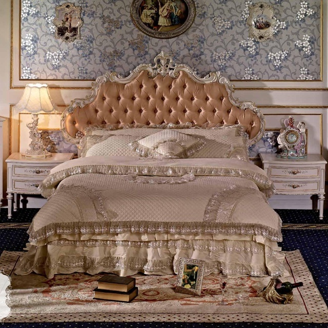 Classic Floral Hand Painted Pink Silk Bed for Princess, Antique European White Bedroom Furniture