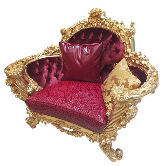 Luxurious Royal Baroque Carved Solid Wood 24K Gilded Natural Leather Sofa Villa Indian style Grand Hall Carved Sofas sets