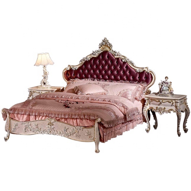 Classic Floral Hand Painted Pink Silk Bed for Princess, Antique European White Bedroom Furniture