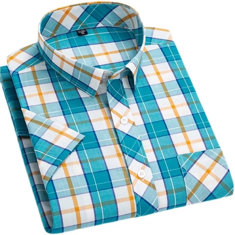 Men's Short Sleeve Regular Fit Oxford Cotton Single Pocket Plaid Casual Button Down Work Shirt