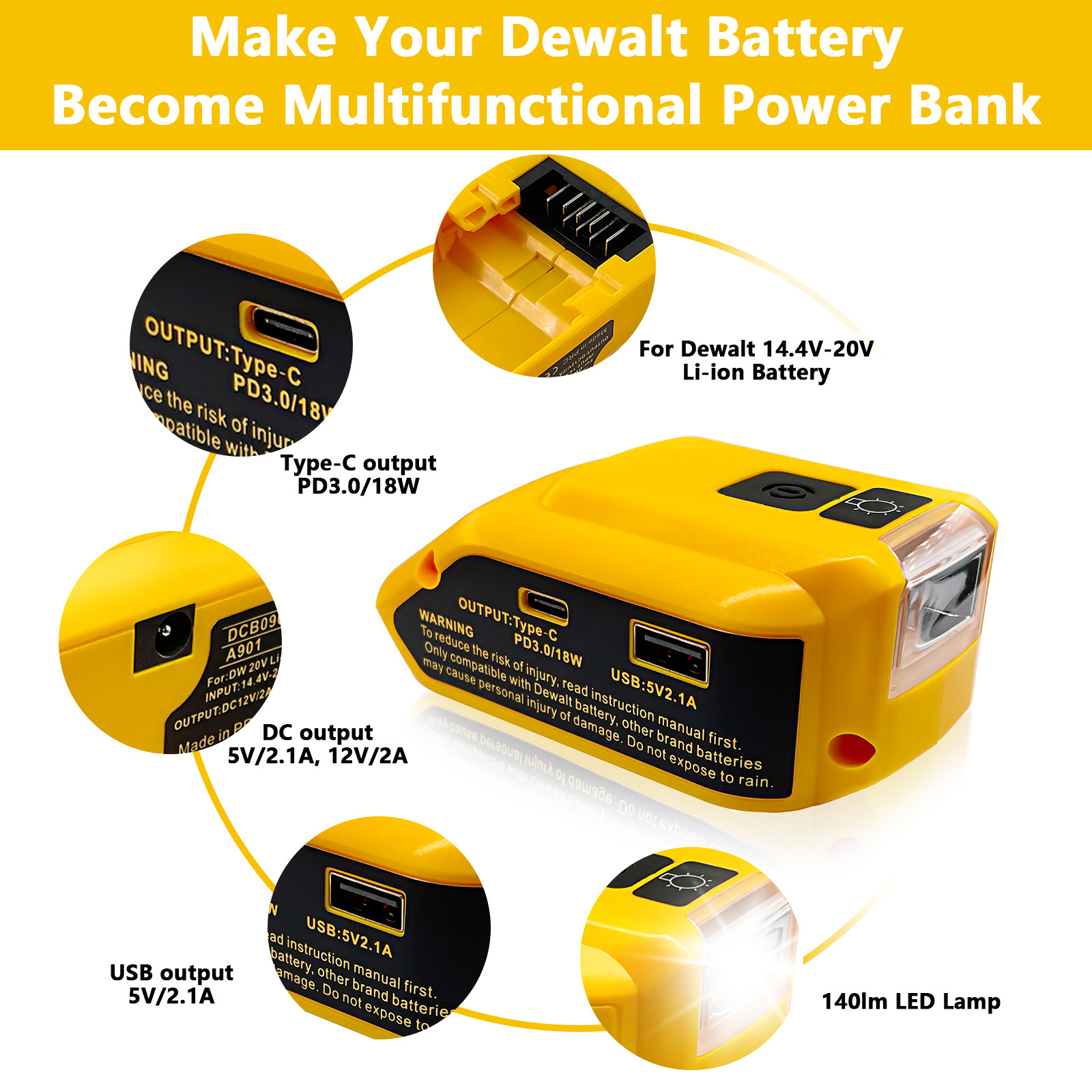 Potable Tool Battery Charger adapter LED light with DC and USB and USB C ports PD3.0 fast charging adapter led light