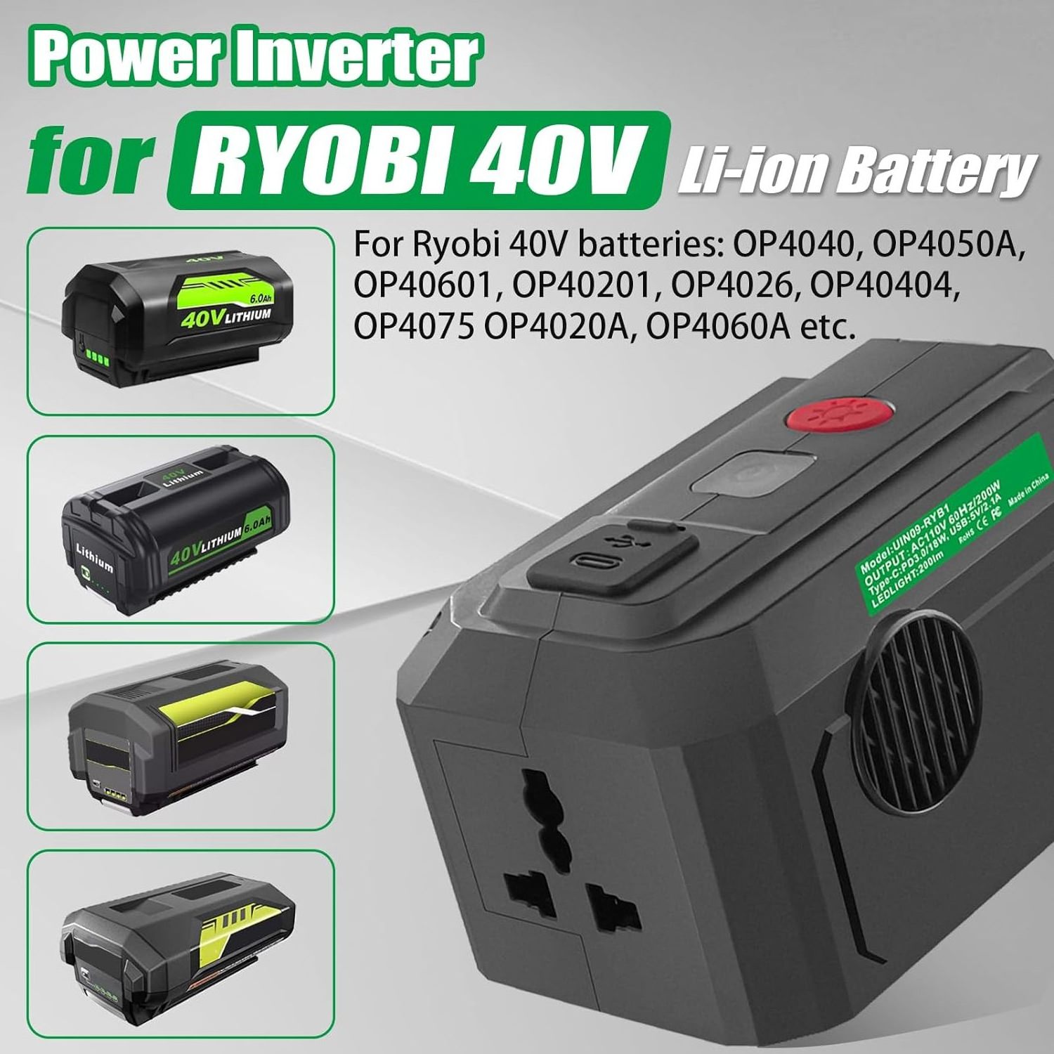 Power Inverter for Ryobi 40V Battery 200W DC 18V to AC 110V 220V Power Supply Inverter with USB  Type C PD3.0 Port LED Light