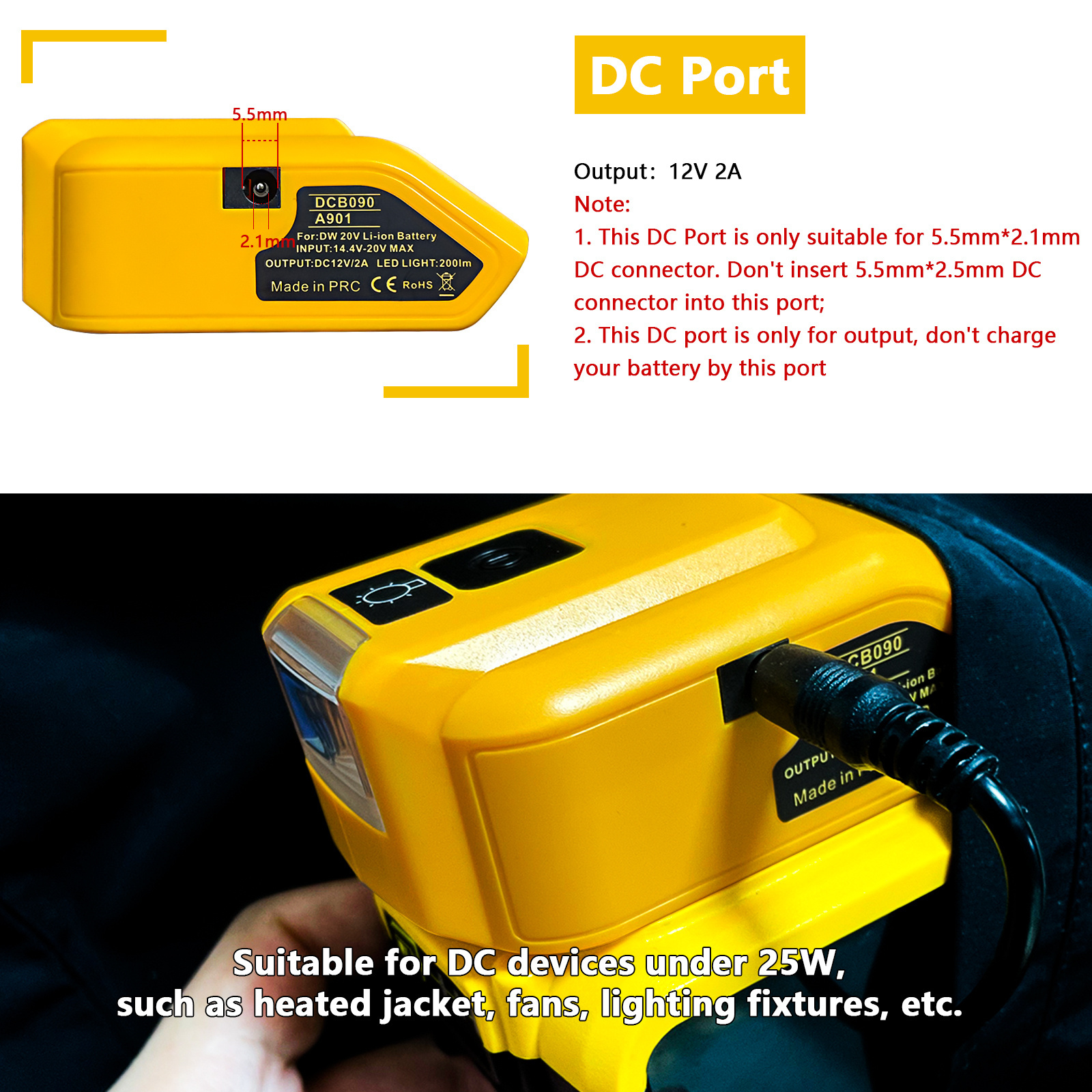 Potable Tool Battery Charger adapter LED light with DC and USB and USB C ports PD3.0 fast charging adapter led light