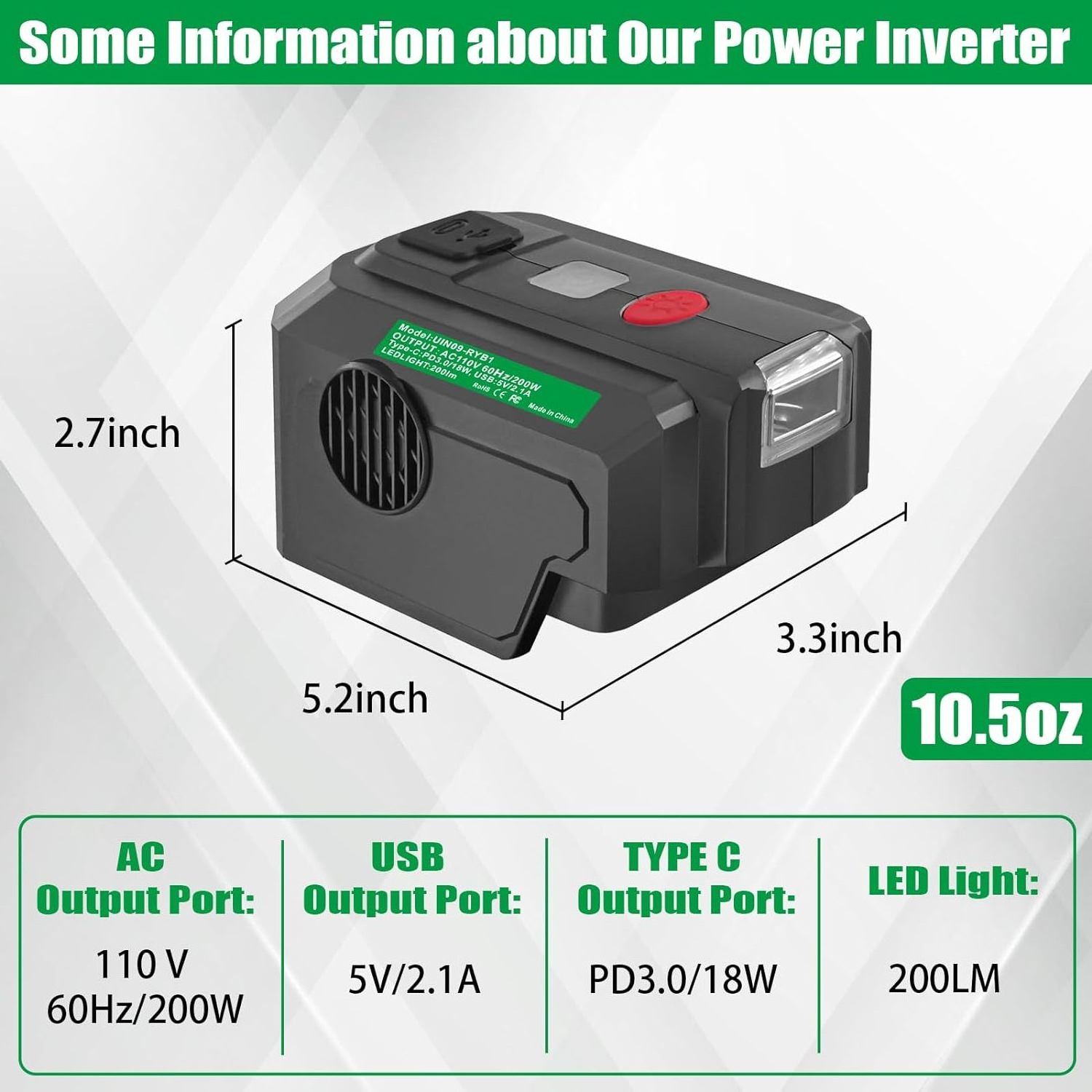 Power Inverter for Ryobi 40V Battery 200W DC 18V to AC 110V 220V Power Supply Inverter with USB  Type C PD3.0 Port LED Light