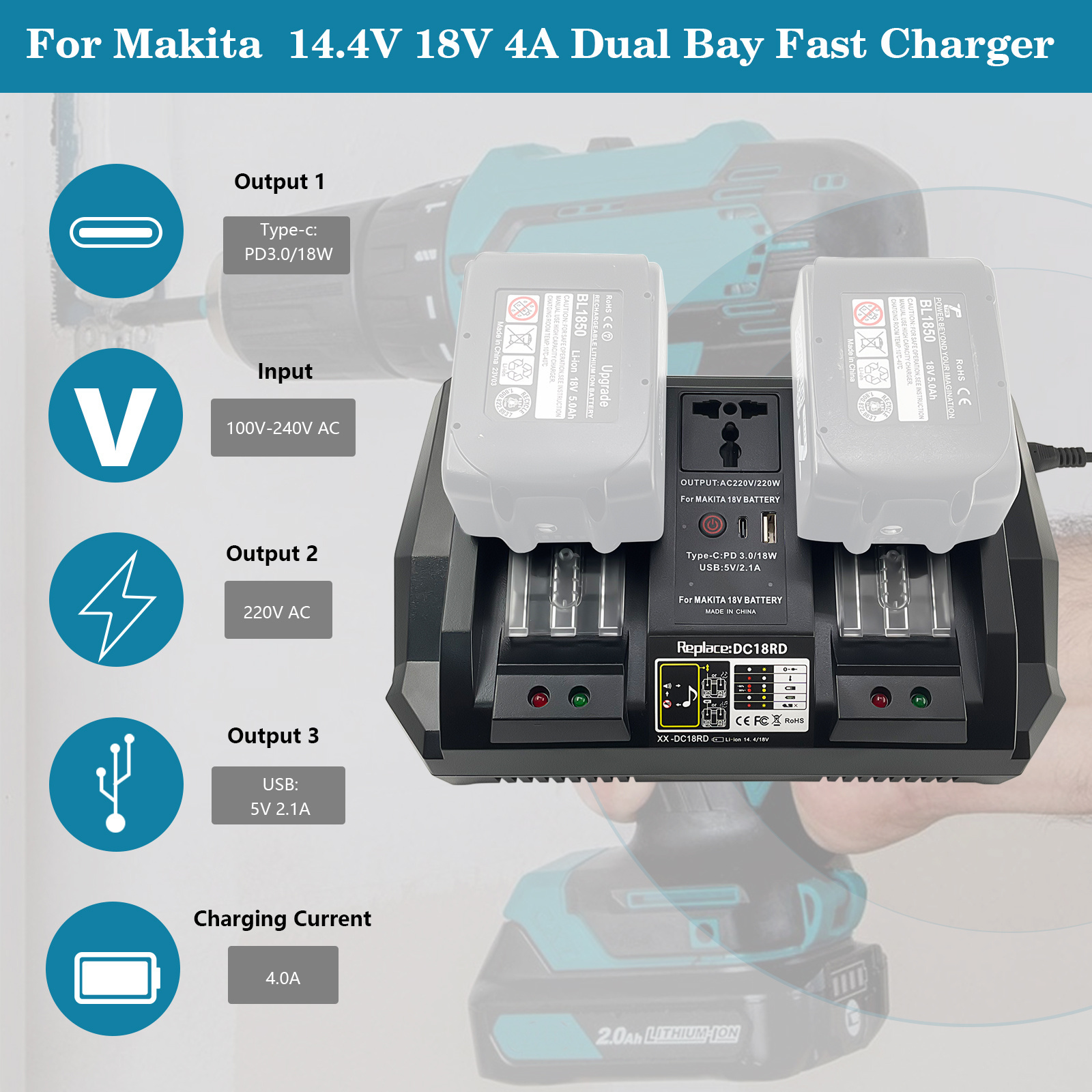 Dual channel charger Inverter function replacement for Makita 14.4V 18V DC AC USB Multifunction output fast battery charger