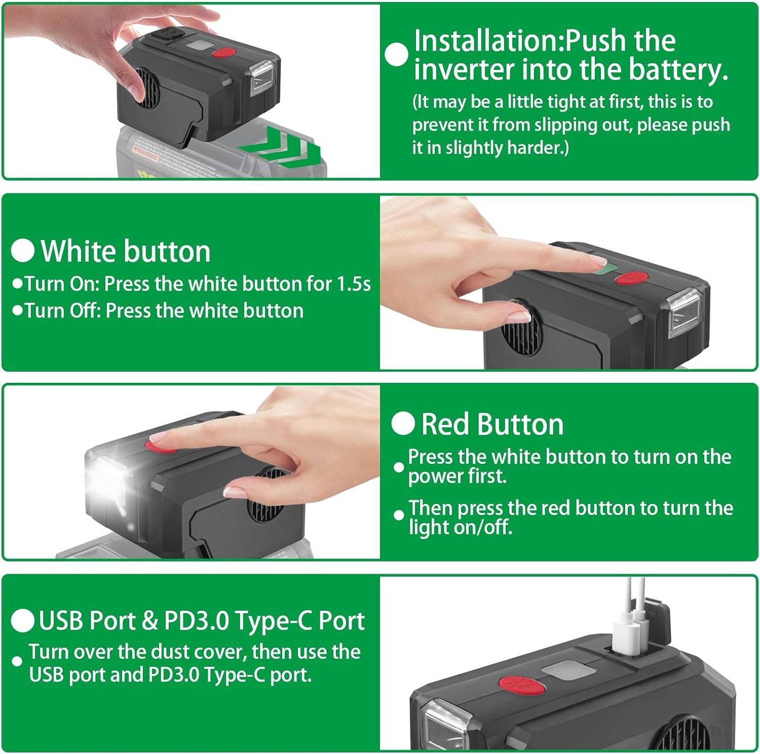 Power Inverter for Ryobi 40V Battery 200W DC 18V to AC 110V 220V Power Supply Inverter with USB  Type C PD3.0 Port LED Light