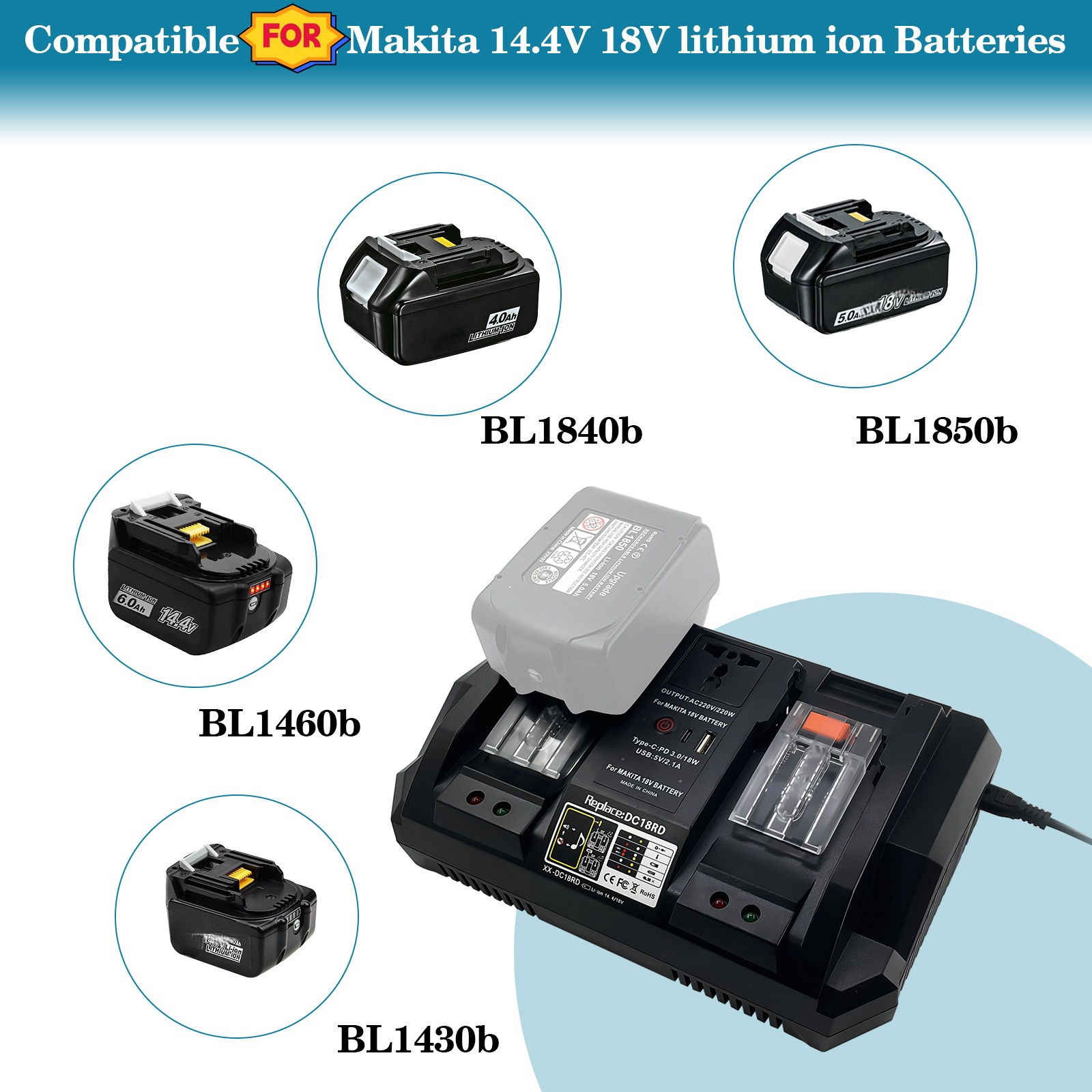 Dual channel charger Inverter function replacement for Makita 14.4V 18V DC AC USB Multifunction output fast battery charger