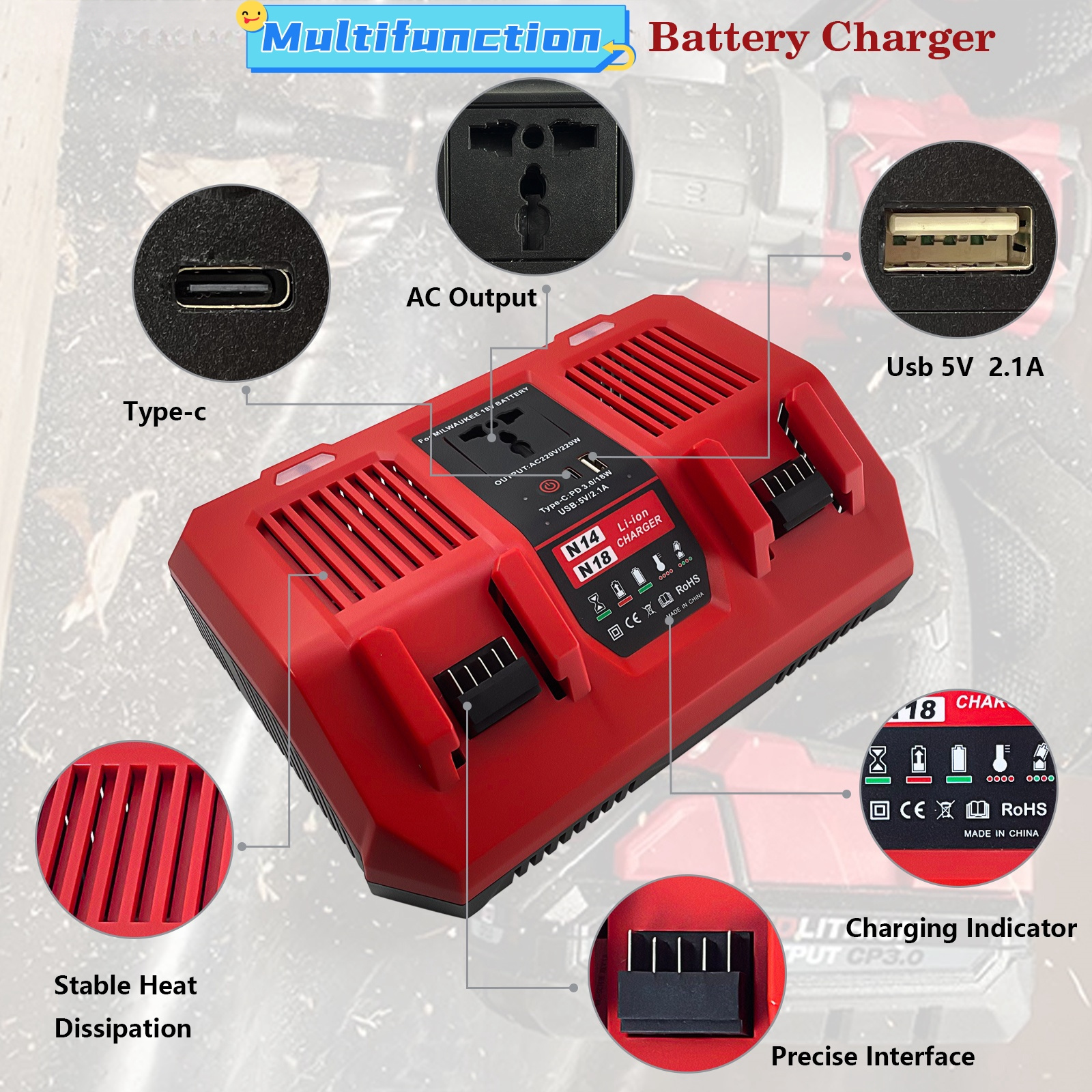 Dual channel charger Inverter function replacement for Makita 14.4V 18V DC AC USB Multifunction output interface battery charger