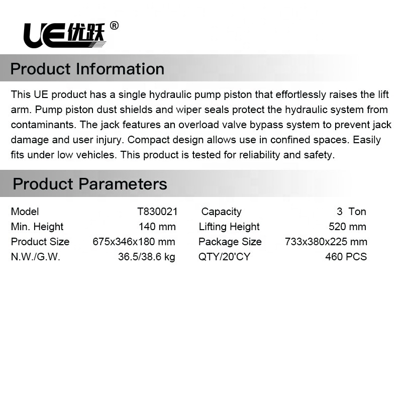 UE-T830021  3Ton Electric Hydraulic Garage Jack