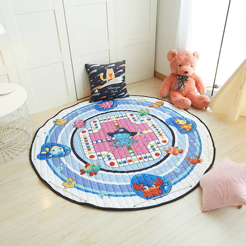 Washable Storage Digital Printing Floor Soft Round Cartoon Play Baby Mat With Rope