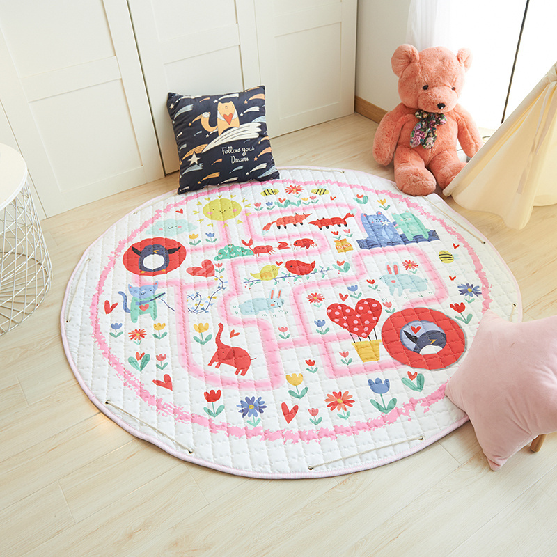 Washable Storage Digital Printing Floor Soft Round Cartoon Play Baby Mat With Rope