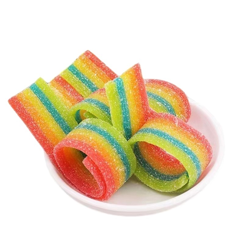 Bulk Fruit Flavour Sour Belts Soft Gummy Candy Strip Sugar Coated Rainbow Halal Sour Stick Strips Candy