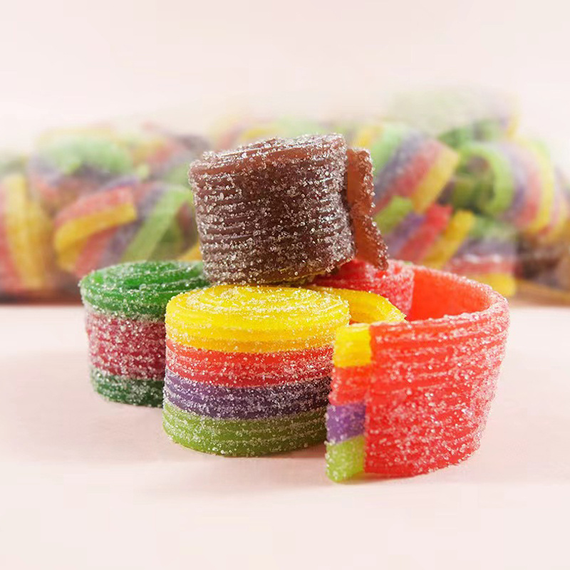 Bulk Fruit Flavour Sour Belts Soft Gummy Candy Strip Sugar Coated Rainbow Halal Sour Stick Strips Candy