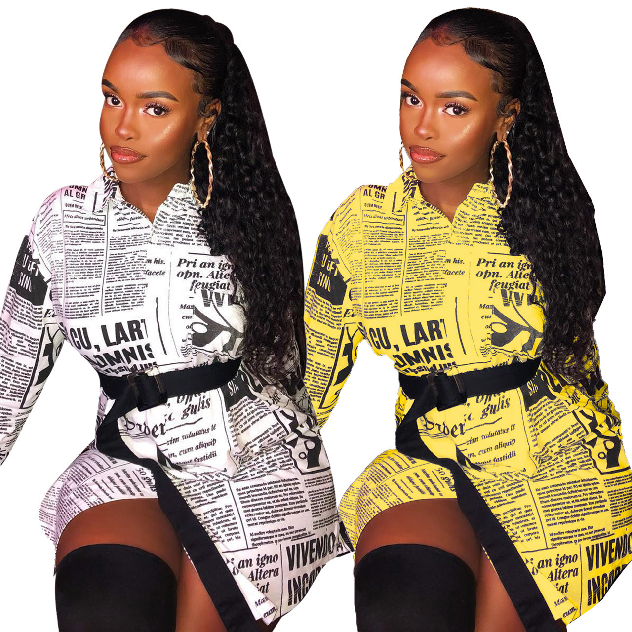 New Fashion Spring Summer Long Sleeve Newspaper Printing T-shirt Dresses For Women